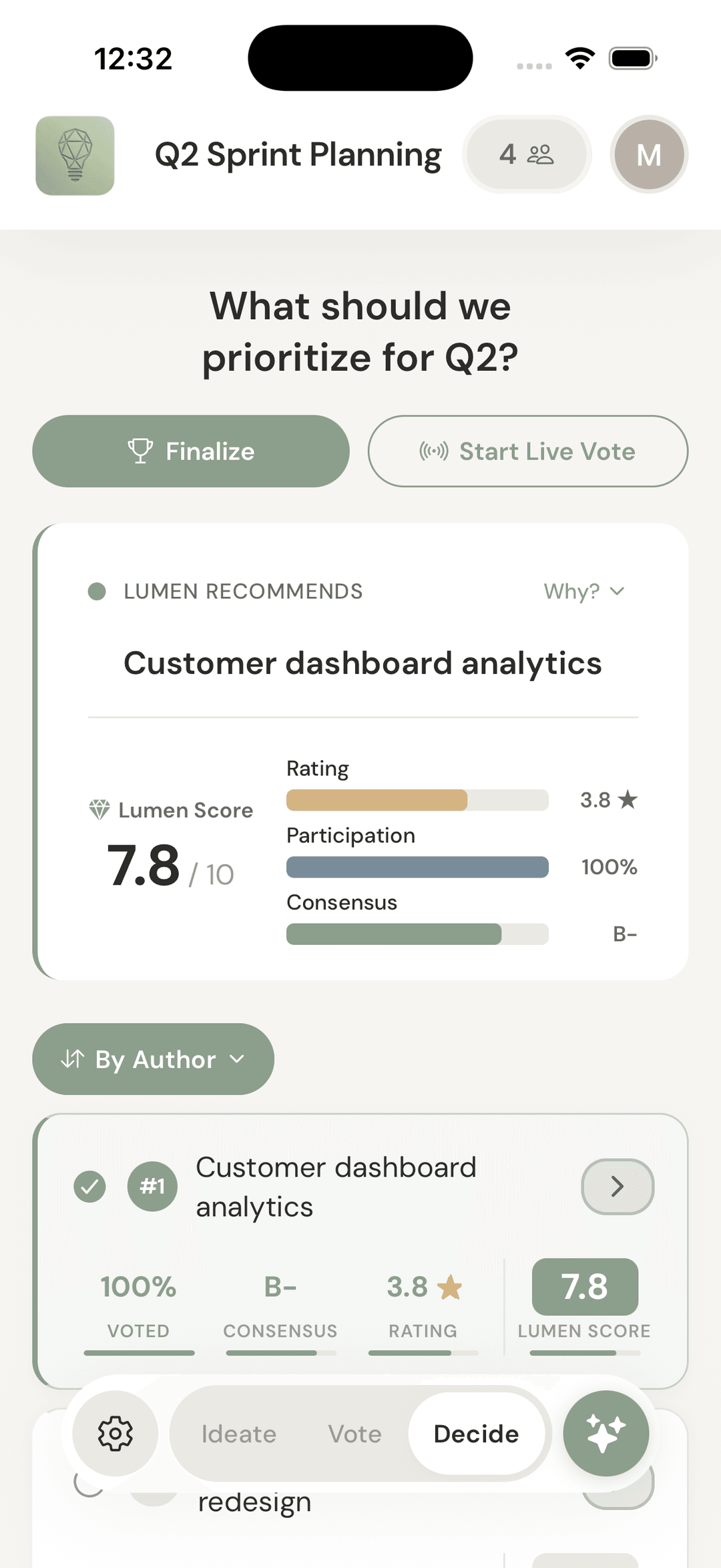 Decision screen showing Lumen Score recommendation with 7.8 out of 10