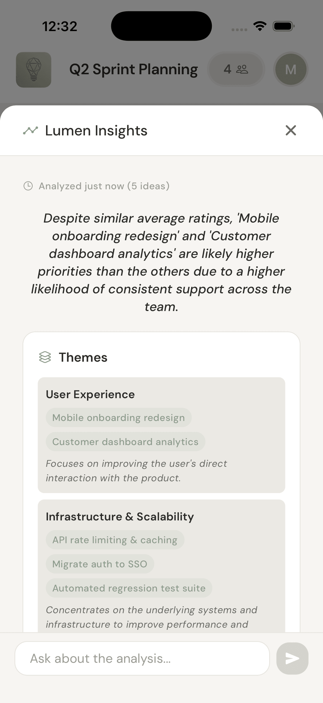 Lumen Insights AI analysis showing themes and recommendations