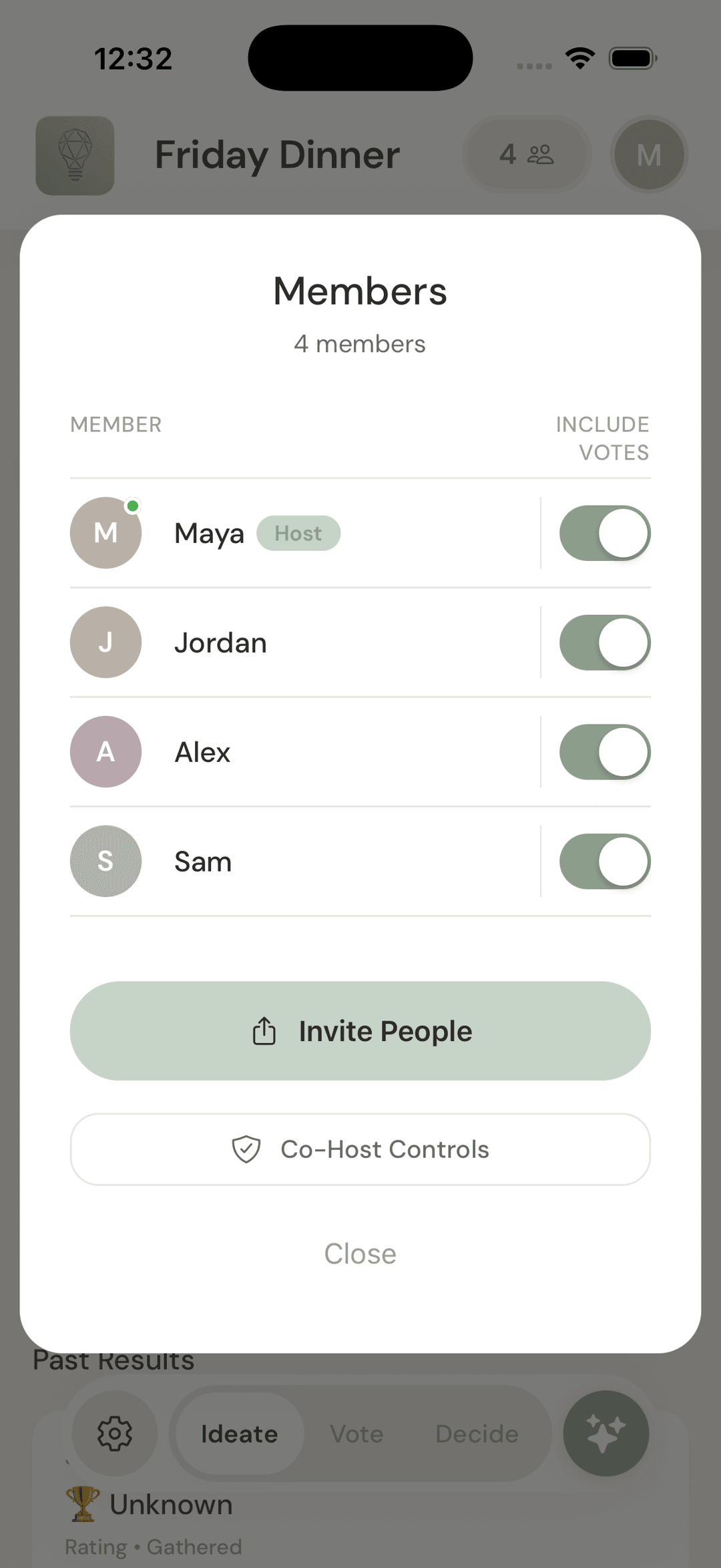 Members screen showing team management with invite and co-host controls