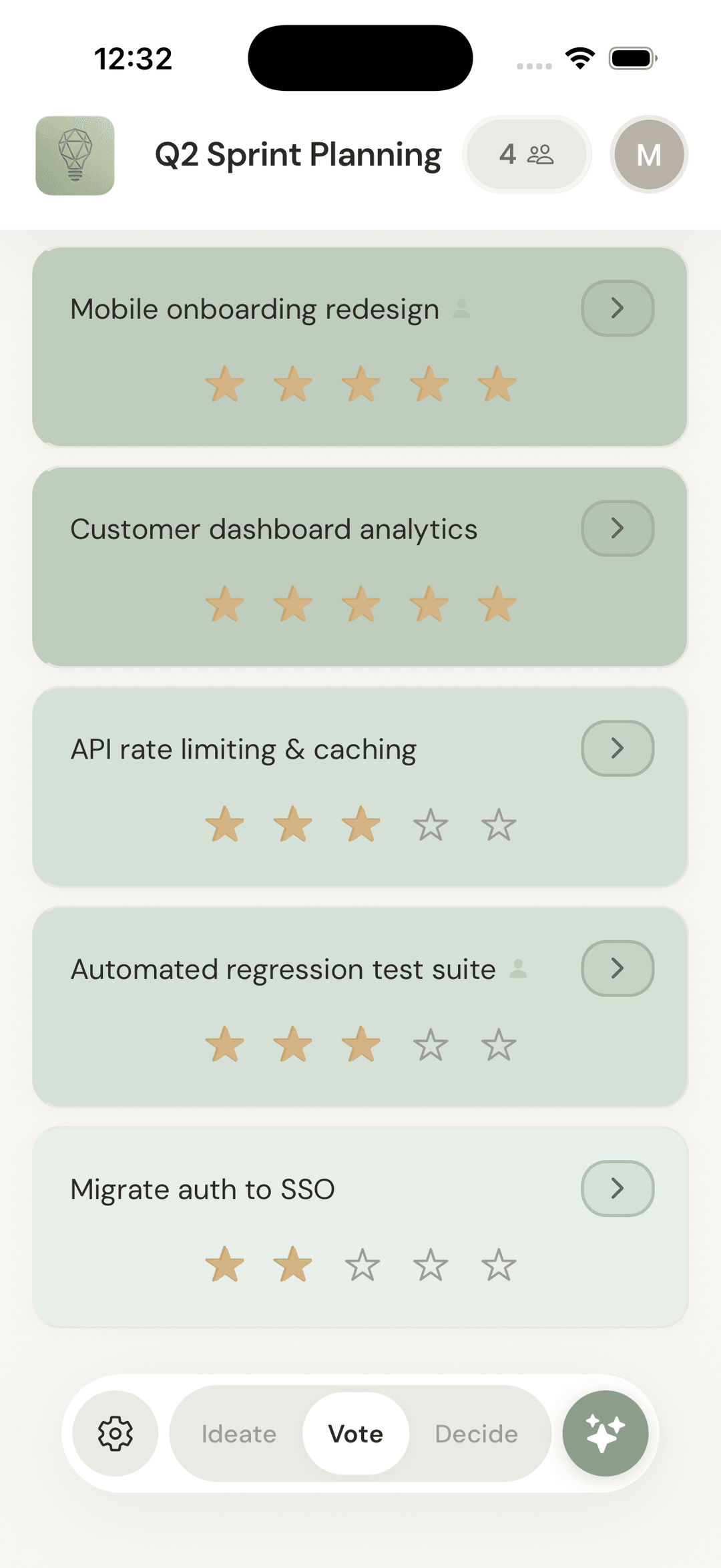 Star rating voting screen showing Q2 Sprint Planning ideas